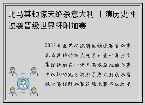 北马其顿惊天绝杀意大利 上演历史性逆袭晋级世界杯附加赛